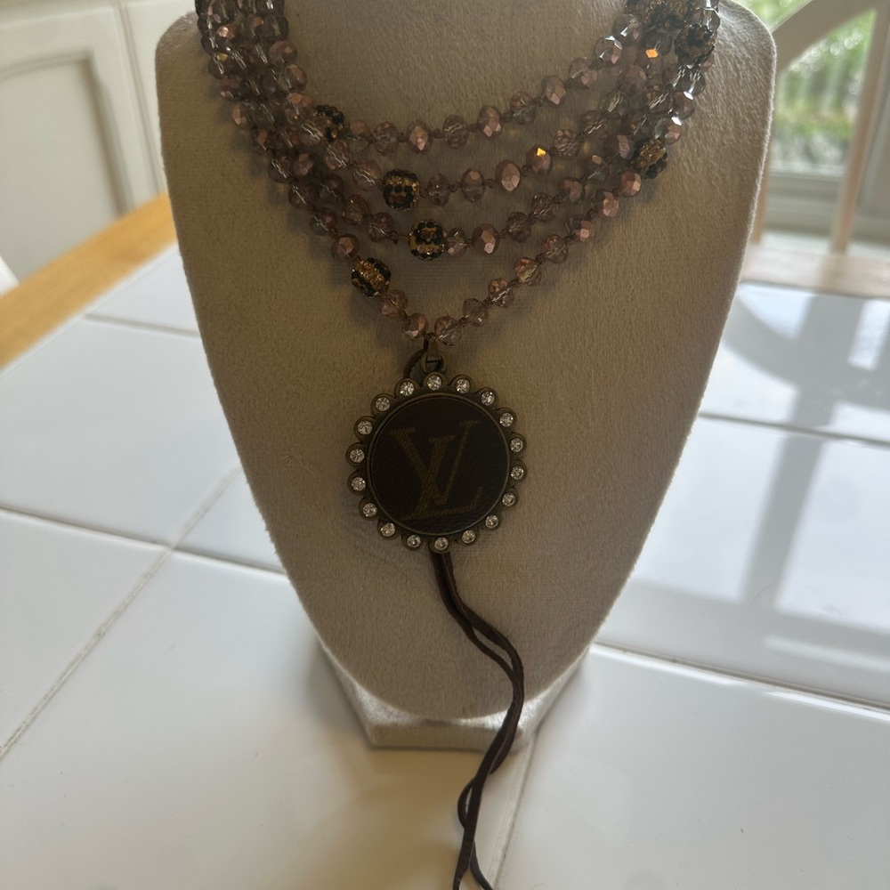 Upcycled mocha bead  Multi-Strand Necklace with Pendant